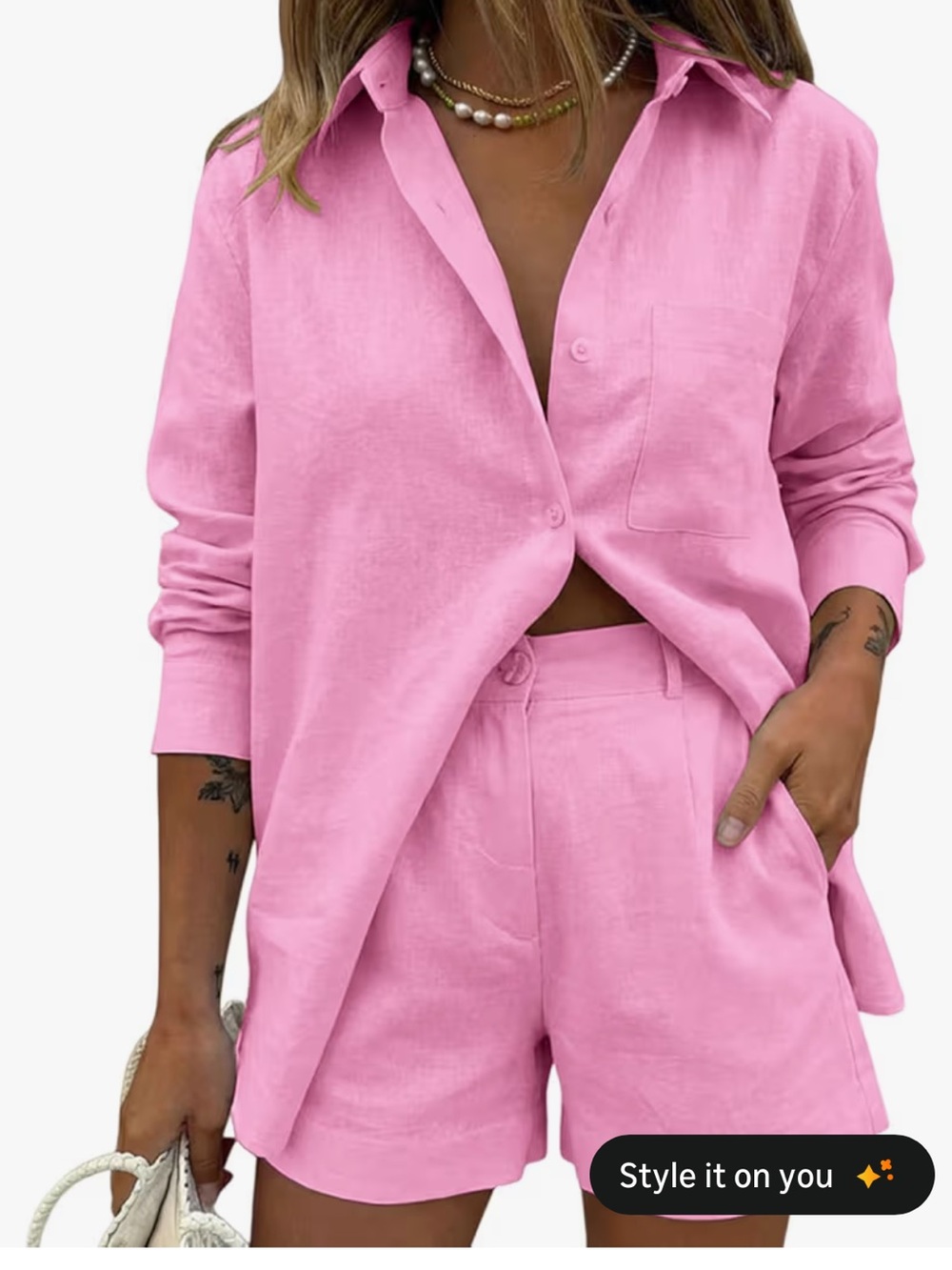 Women's Pink Button-Up Shirt & Shorts Set